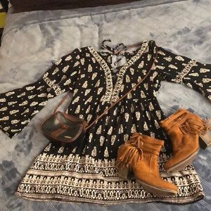 Black bell sleeve boho style dress